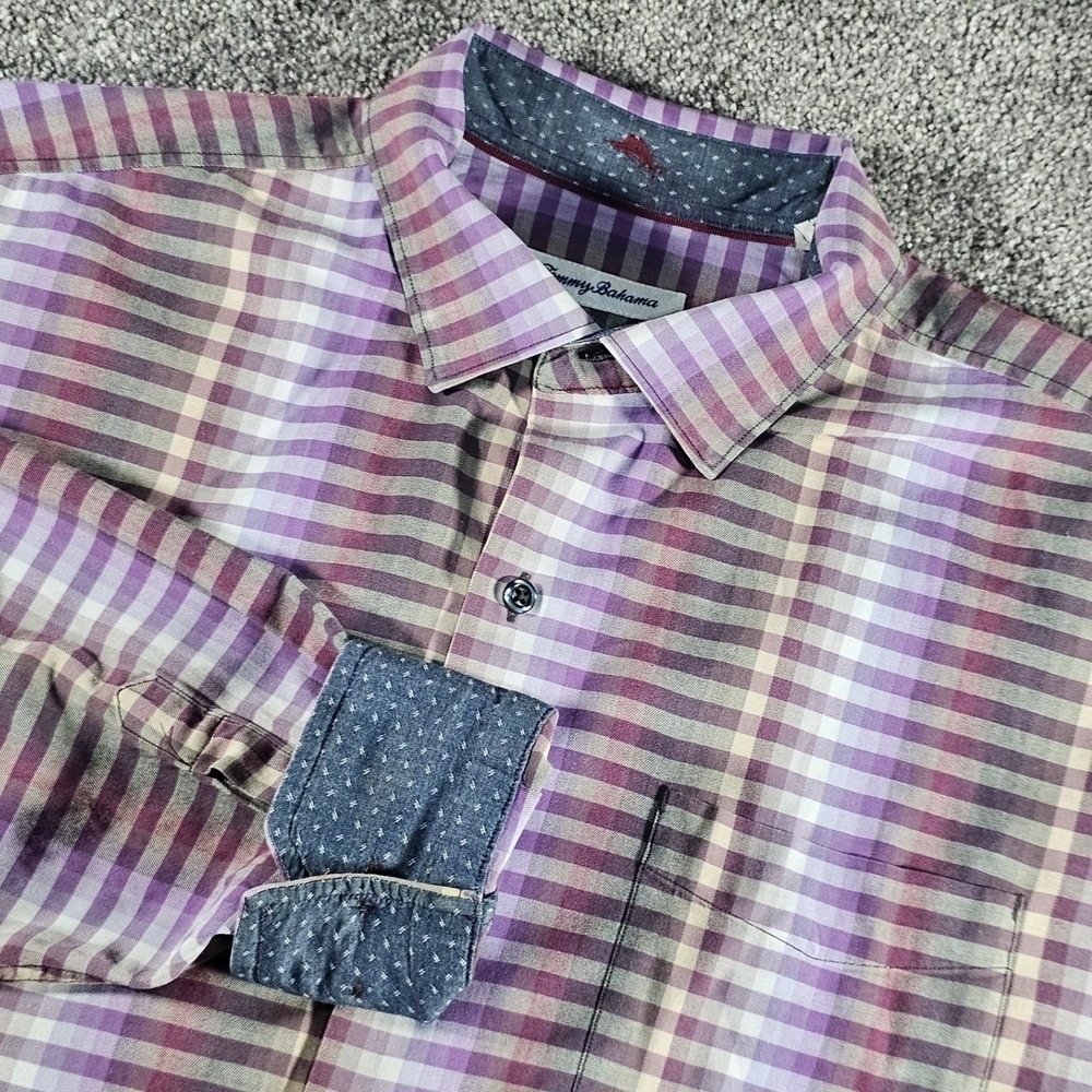 Tommy Bahama Men's L Surf Springs Stripe Shirt Silk Blend Violet Dusk flipcuffs